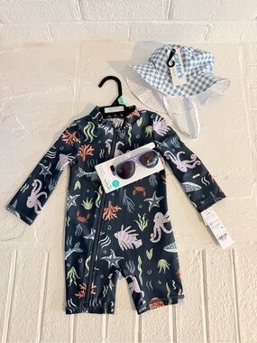 Carter's Navy Sea Life Long-Sleeve Kids Swim Sunsuit with Sunglasses & Hat